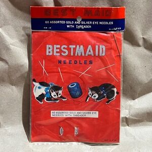 Best Maid 60ct Sewing Needles Vintage Red Kitten Packaging Gold Silver Eye Japan